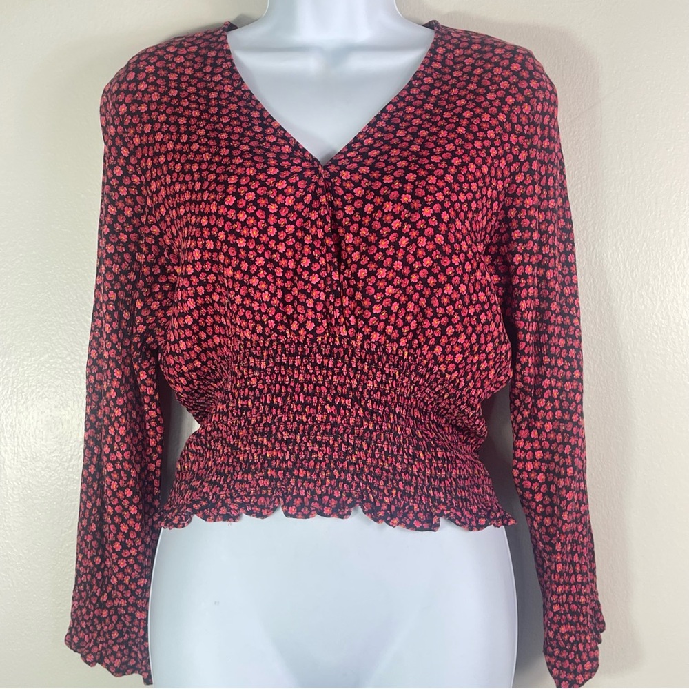 Boho Flower Print Baby Doll Long Sleeve Blouse